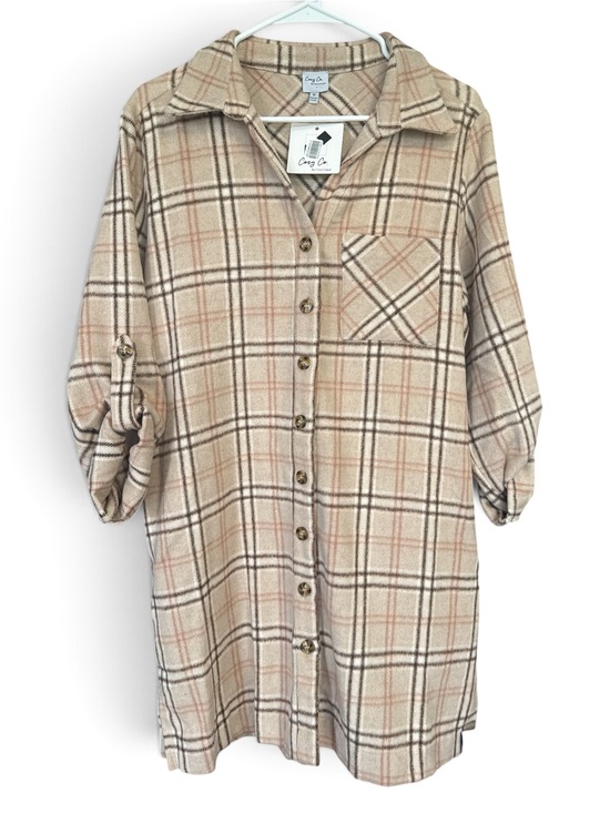 Cozy Casual Tops - NWT Cozy Casual Beige Plaid Button-Down Shirt Jacket Shacket Dress